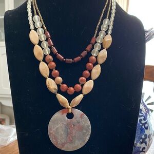 Multi-Strand Natural Stone Pendant Necklace in Beige and Rust